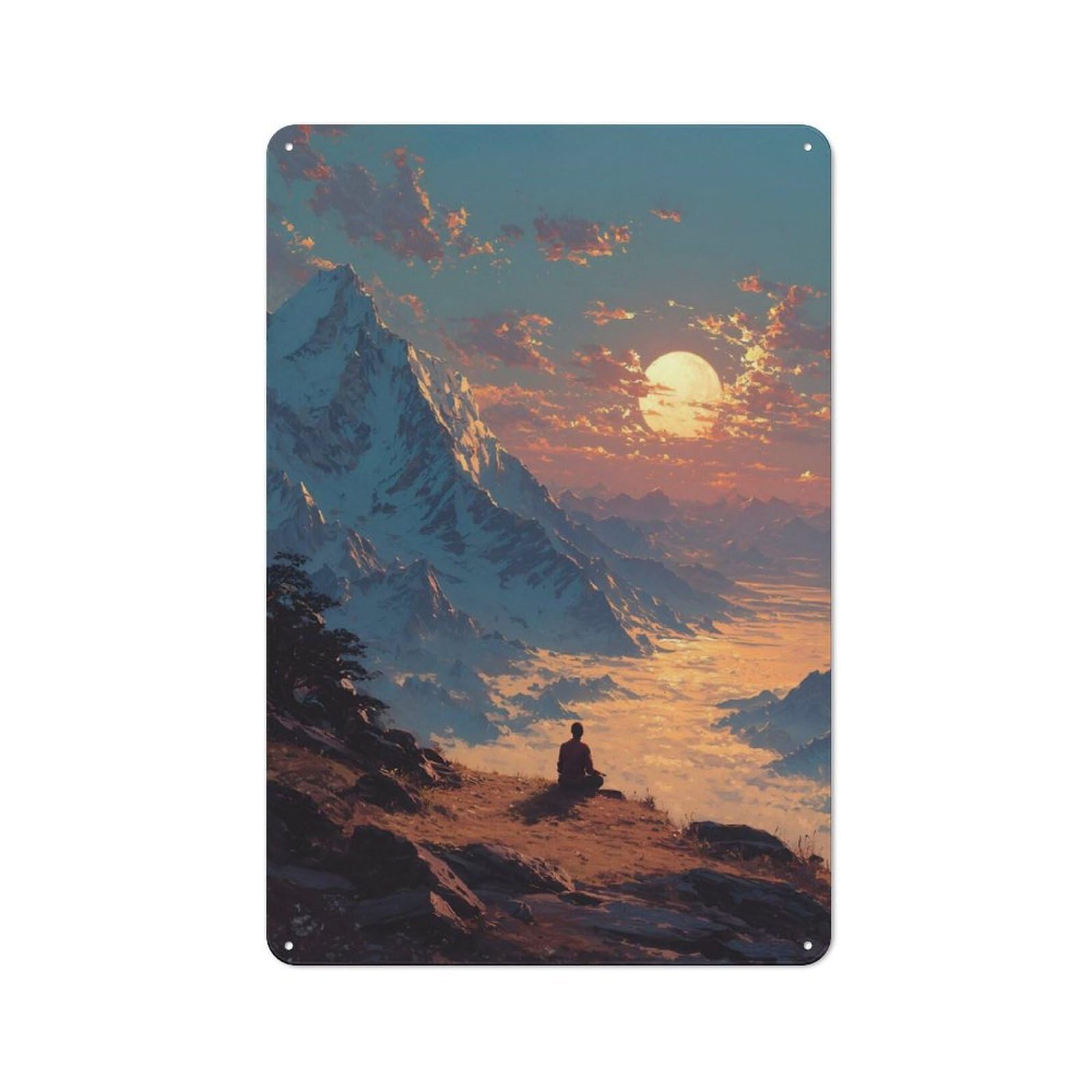 Junmoney Style-2 Mountain Meditation At Sunset Decorative Tin Sign 30X20cm, Country Country Wall Plaque For Dining Room, Cafe, Entryway Or Family Room