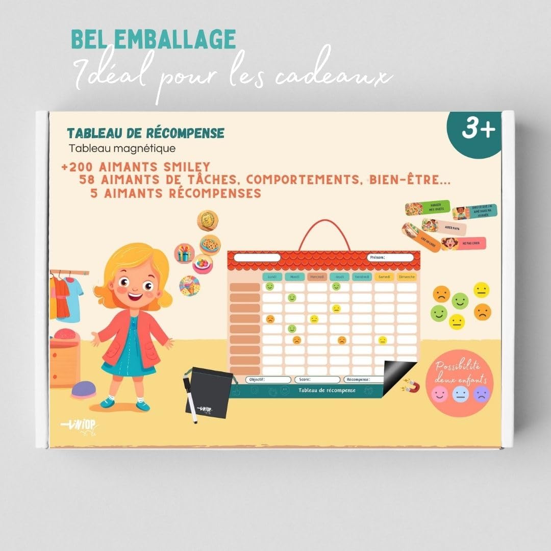 Tableau de Récompense Magnétique pour Enfants – Planificateur Hebdomadaire et Quotidien avec Aimants Illustrés et Smiley –Organisation, Autonomie, Comportements Positifs –Fixation Frigo ou Mur