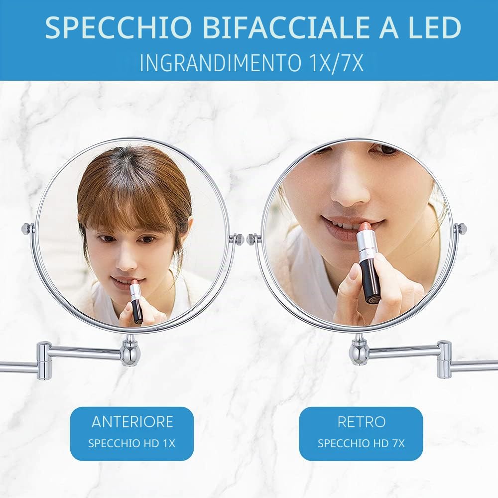 DOWRY Specchio Trucco da Parete Specchio Estensibile da Bagno Specchio Ingranditore da Parete 7x Rotazione a 360° Bifacciale Specchio Cromo Specchio da Barba,Diametro 8 Pollici