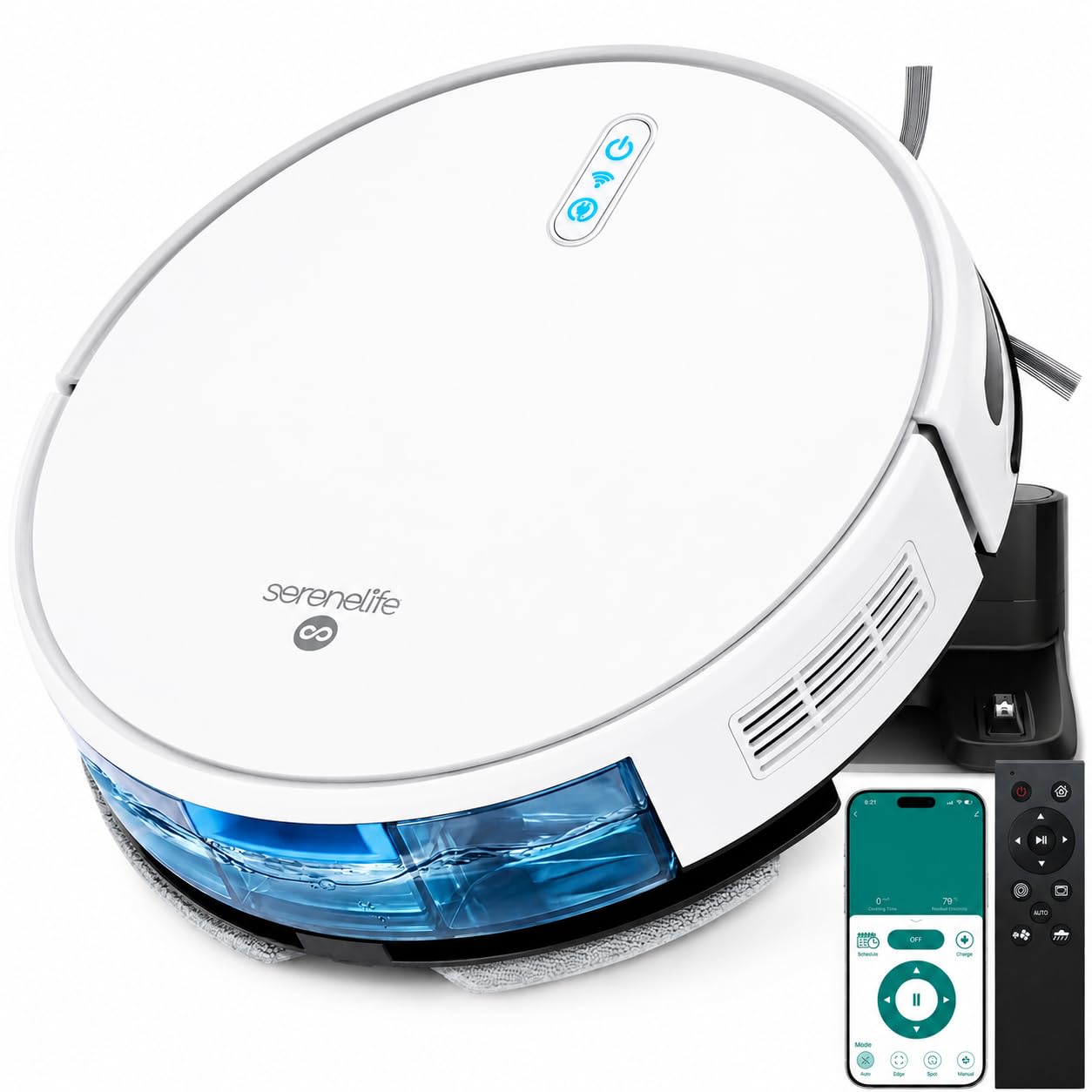 SereneLife Saugroboter mit Wischfunktion, 2 in 1 Staubsauger Roboter, 3000pa Saugkraft, WLAN, Schlank & Geräuscharm mit Absturzsensoren, Selbstaufladend für Tierhaare, Weiche/Harte Böden, 140Mins Max