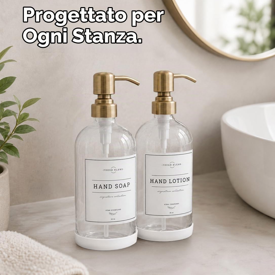 Vine Creations Dispenser di sapone in vetro trasparente, confezione da 2 dispenser di sapone da cucina con pompa in acciaio inossidabile, dispenser di sapone per le mani da 473,6 g, dispenser di