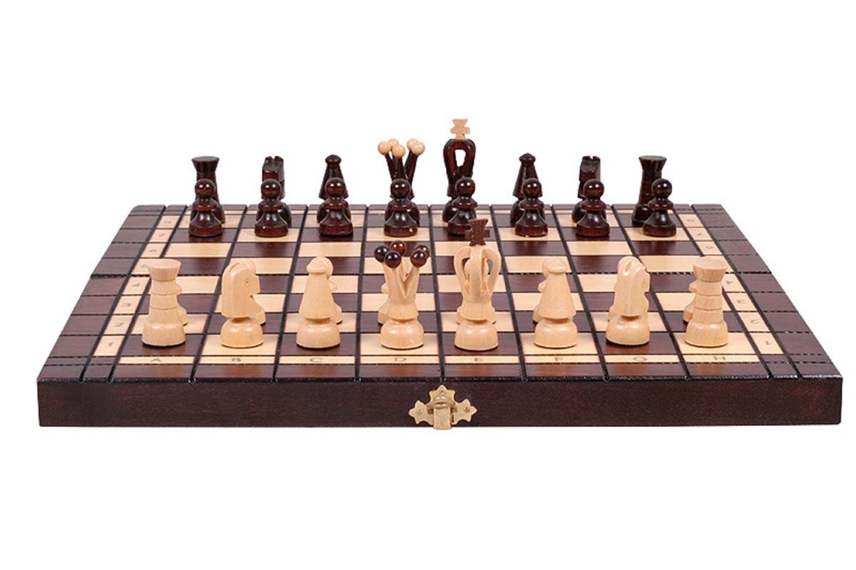 Sunrise Chess & Games - Scacchi e dama gioco in legno 2 in 1 35 x 35 cm - Piccola scacchiera pieghevole con pezzi in carpino