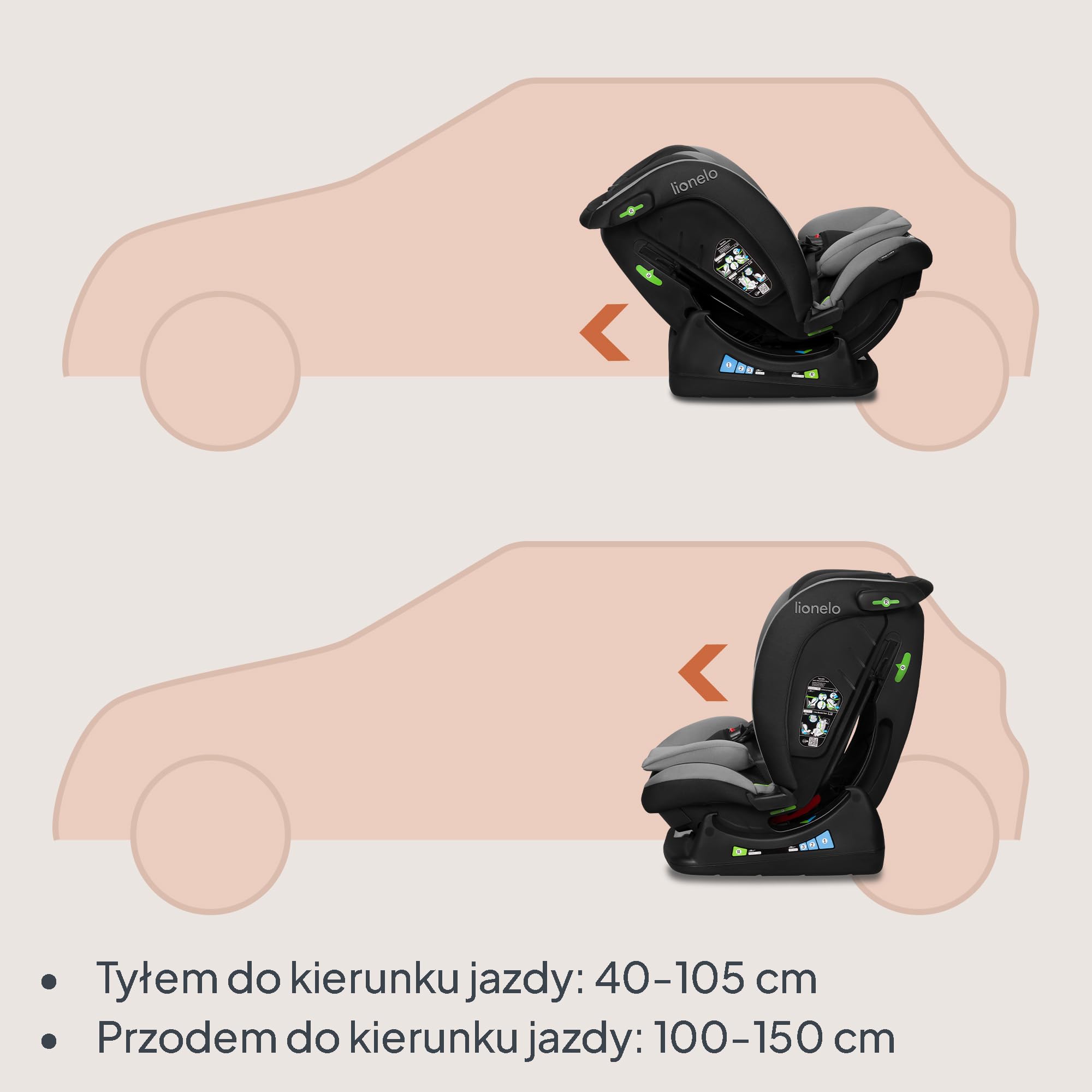 LIONELO AART I-SIZE Dziecięcy Fotelik Samochodowy 40-150 cm, Montaż Pasami Bezpieczeństwa, Regulacja Zagłówka i Pochylenia, Wkładka Lędźwiowa i Redukcyjna, Norma R129 i-Size (Szary)