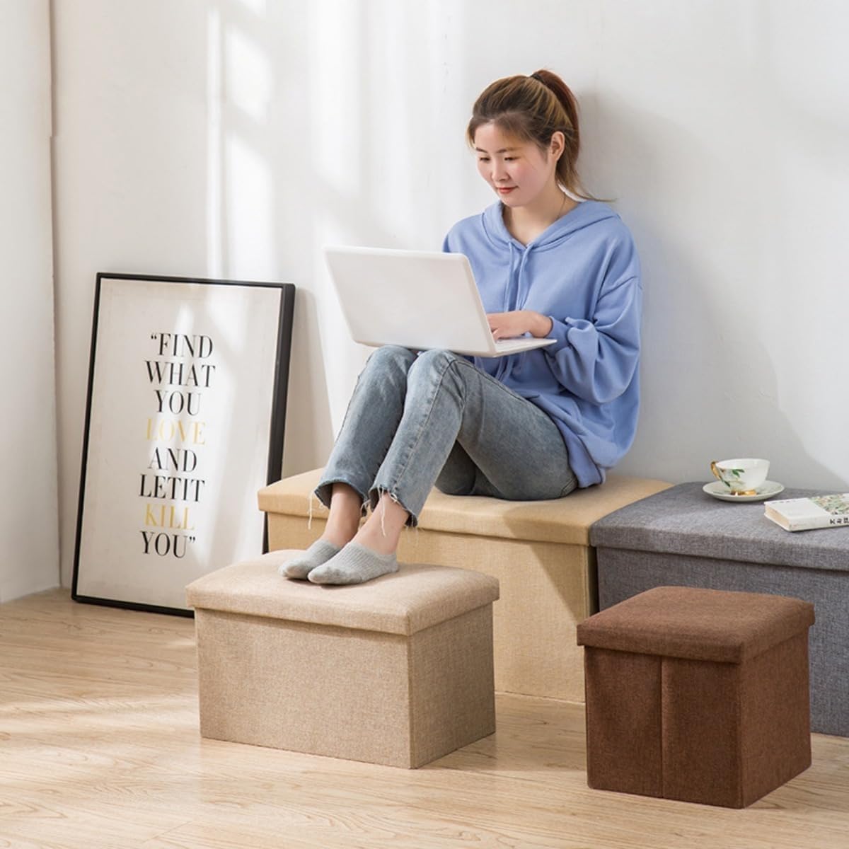 折りたたみ式収納スツール オットマン 座れるボックス おもちゃ整理 リビング用 ストレージチェア 小物収納 38*38*38cm グ