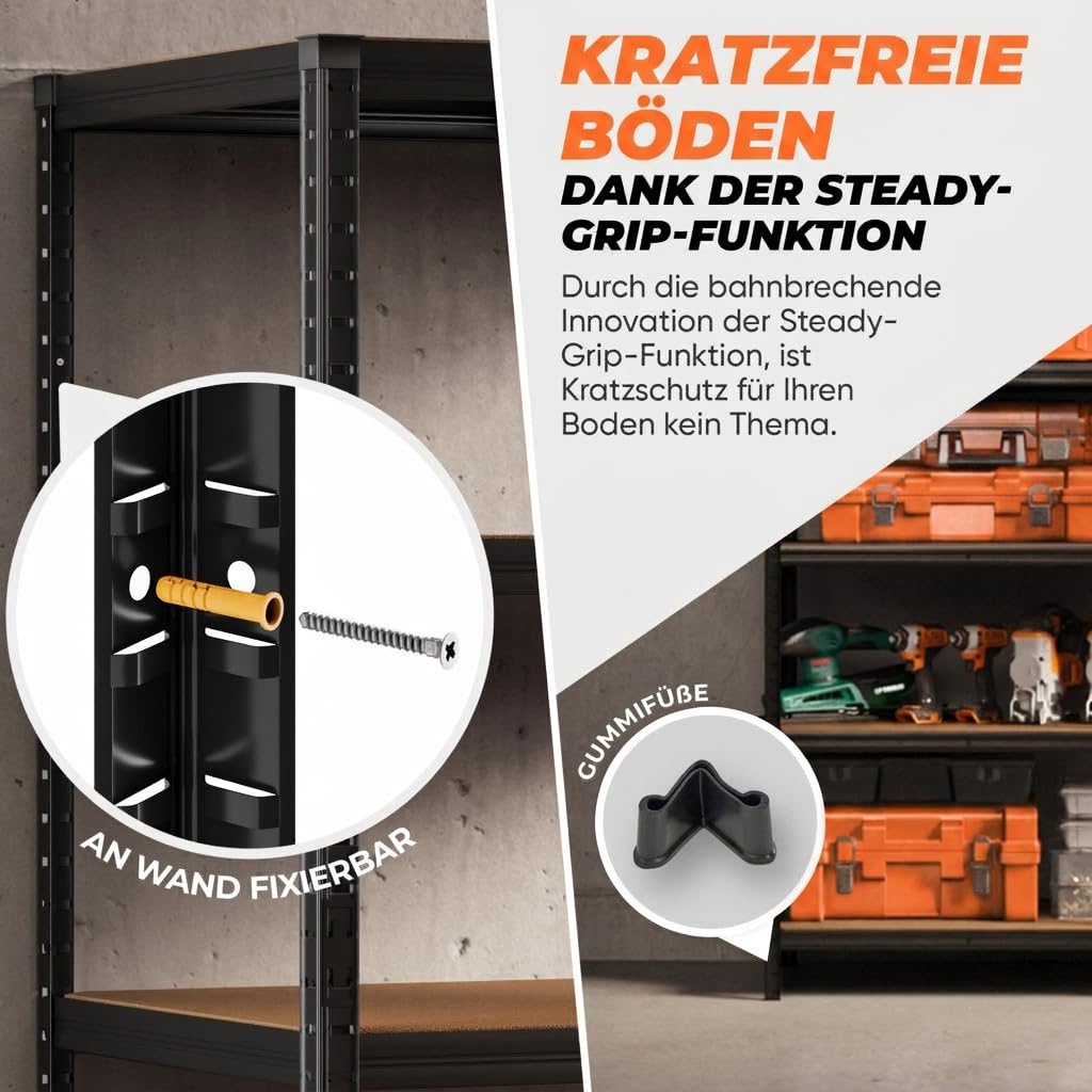 Premium Schwerlastregal 180x90x60 cm Schwarz 1250kg Traglast – stabiles Regal 90 cm breit & Schwerlastregal 60 cm tief, Regal 60 cm tief geeignet als kellerregal 60 tief, lagerregal 60cm tief