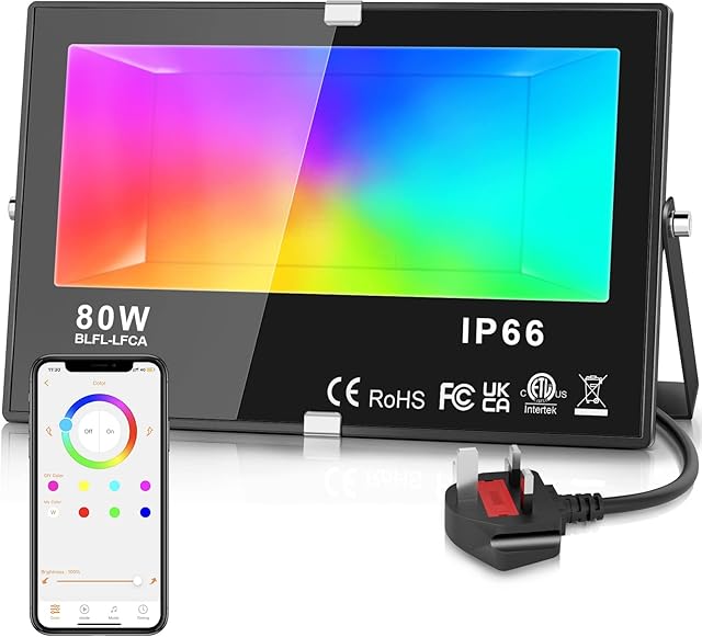 Teselife LED Floodlight Outdoor, 80W Smart RGB Floodlight with APP Control, IP66 Waterproof, Colour Changing, Timing, 2700K Warm White, Scene, Flood Light for Garden Lighting, UK 3-Plug