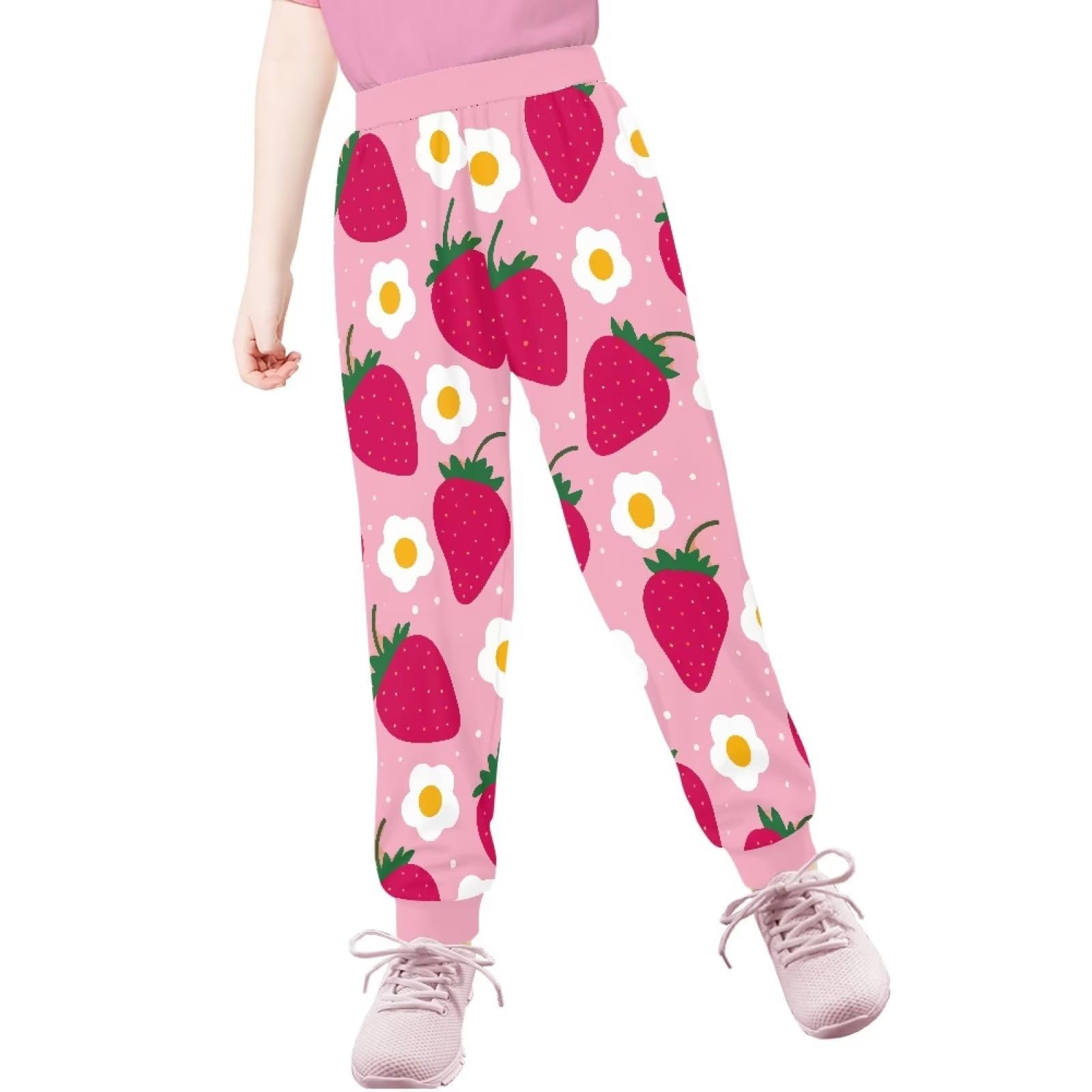 Hinthetall Strawberry Floral Sweatpants for Teen Girls Size 6 7 Kids Youth High Waist Active Athletic Pants Casual Loose Fit Pocket Lounge Activewear Joggers Teens Fall Spring Outfits Clothes