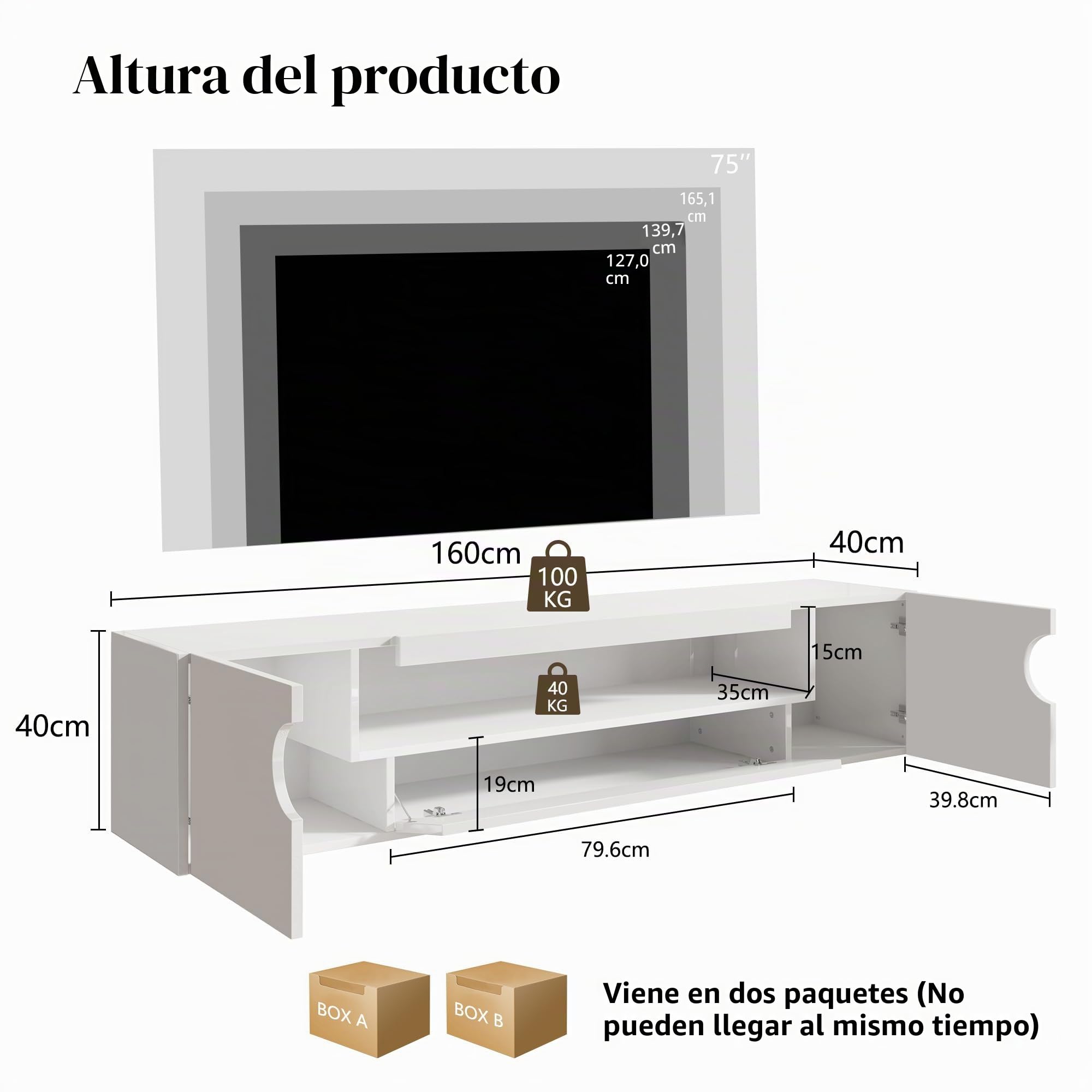 LUXOAK Mueble bajo para TV de 160 cm, color blanco brillante con iluminación LED RGB, mueble flotante para televisores de 55 a 75 pulgadas, montaje en pared con espacio de almacenamiento y guía de