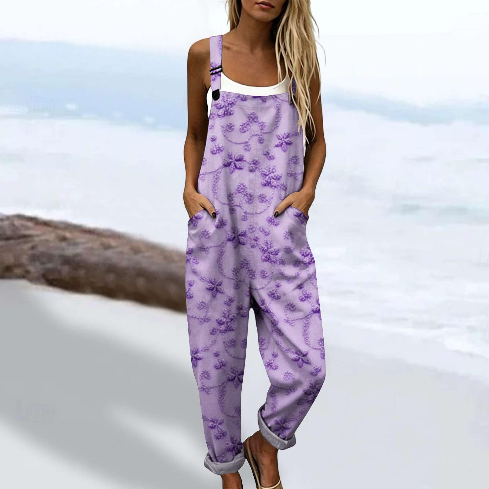 Générique Salopette Femme Été Imprimé Fleuri Combinaison Pantalon Large avec Poches Bretelles Réglables Style Bohème Chic Ample Respirante Tenue de Plage Vacances Décontractée