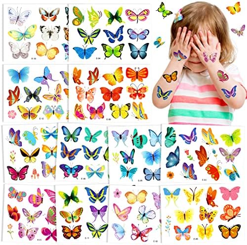 Qpout 12 PCS Kids Butterfly Temporary Tattoo Face Fake Tattoo Sticker For Girls Woman Birthday Decoration Butterfly Party Gift Body Art Makeup Sticker