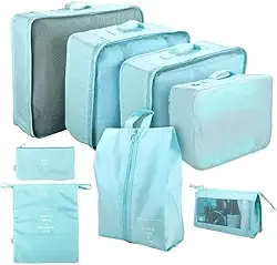 Kit Necessaire Organizador de Malas Conjunto Com 8 Peças Dobrável Impermeável Multiuso Bolsas Organizadoras de Roupas, Calçados e Acessórios Unissex Material de Qualidade (azul claro)