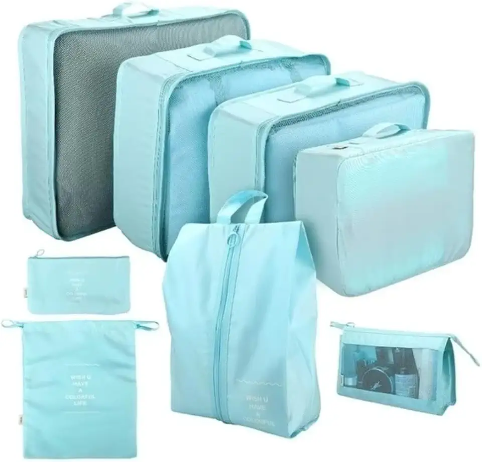 Kit Necessaire Organizador de Malas Conjunto Com 8 Peças Dobrável Impermeável Multiuso Bolsas Organizadoras de Roupas, Calçados e Acessórios Unissex Material de Qualidade (azul claro)