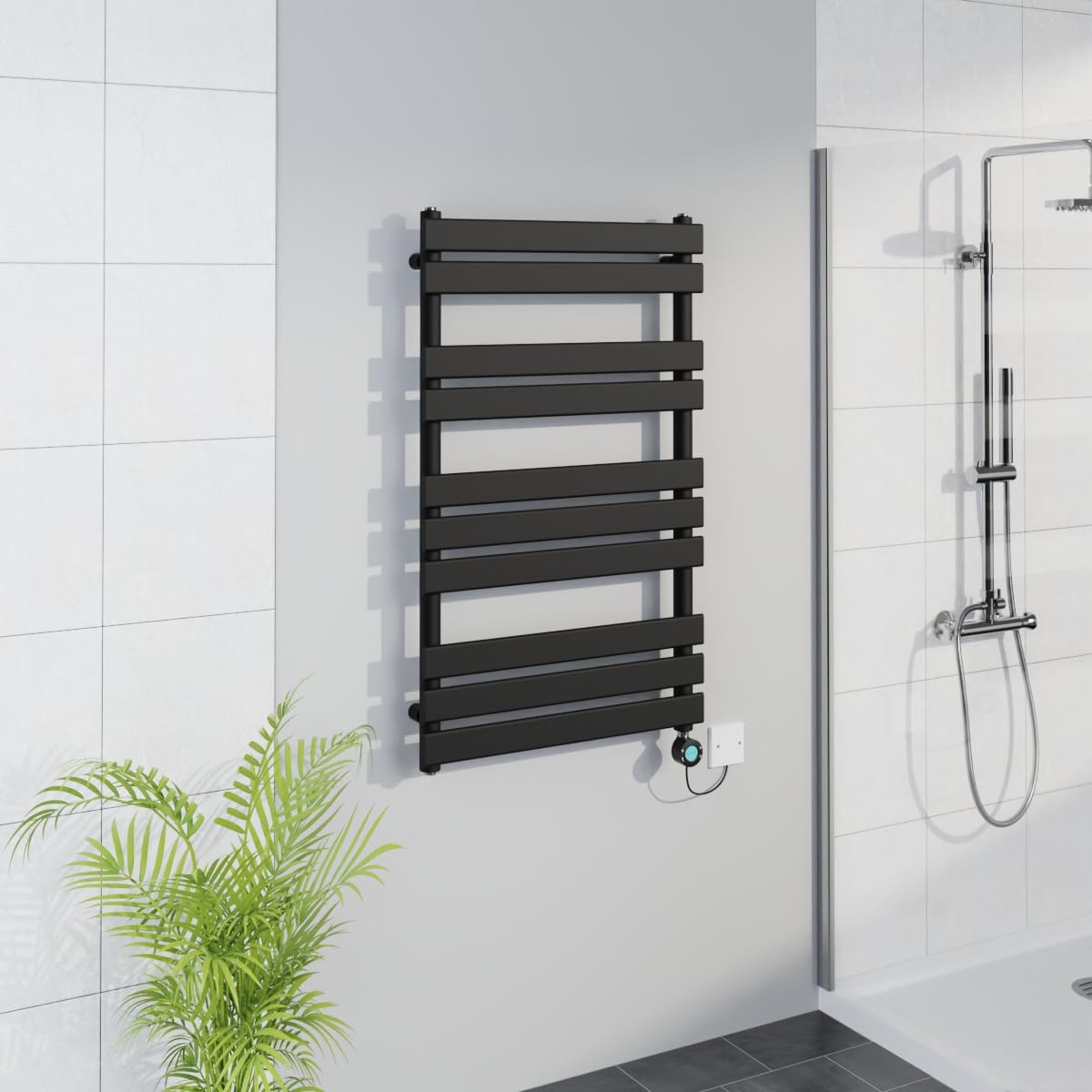 Warmehaus Black Smart Wifi Thermostatic Electric Bathroom Flat Panel Heated Towel Rail Warmer Radiator With Timer 1000X600mm