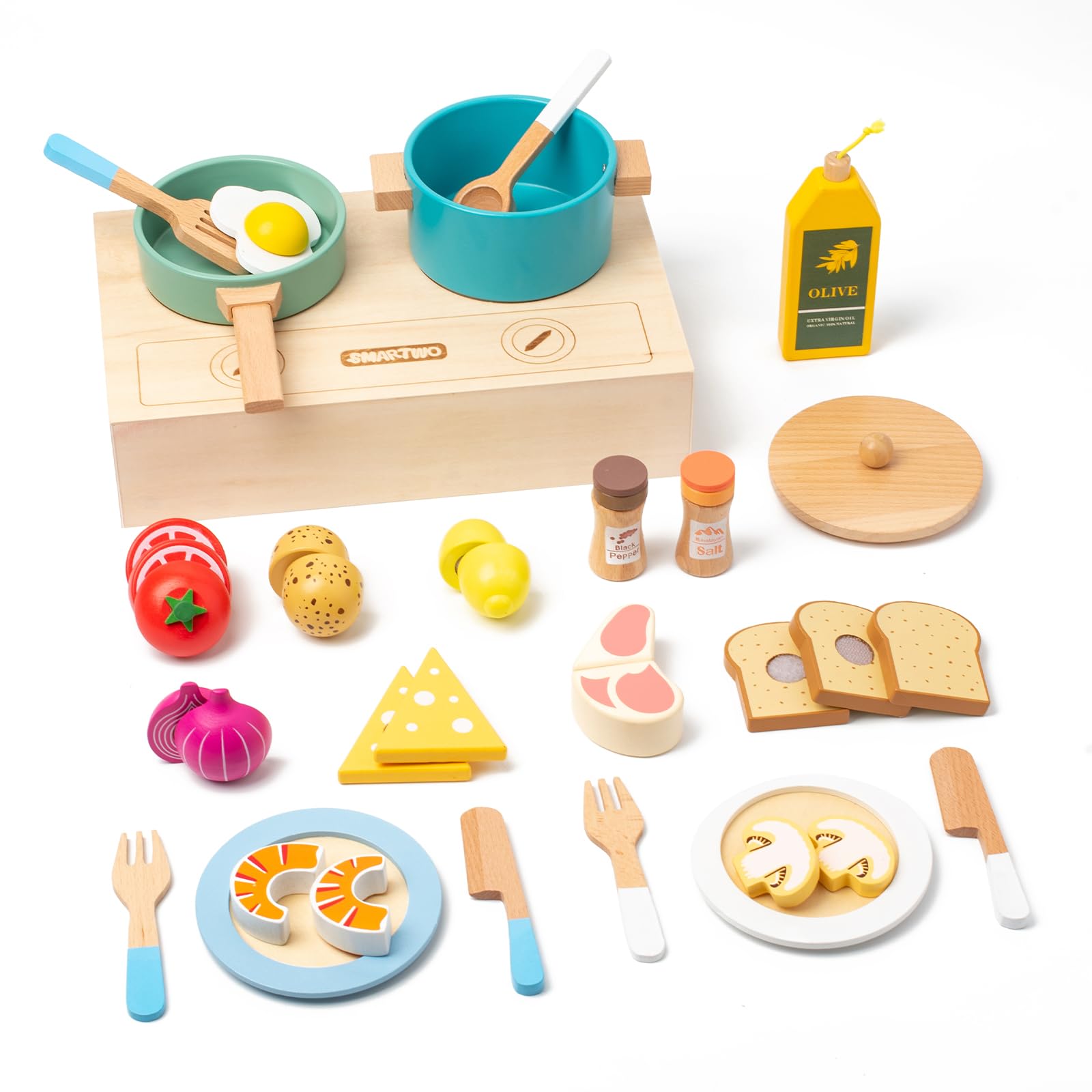 Smatwo Juguetes de Cocinita Infantil, Cocina Juguete de Madera, 27 Accesorios Cocinita Infantil con Ollas y Sartenes, Utensilios Cocina Montessori para Niños 3 4 5 6 Años, Juego Cocina Niñas