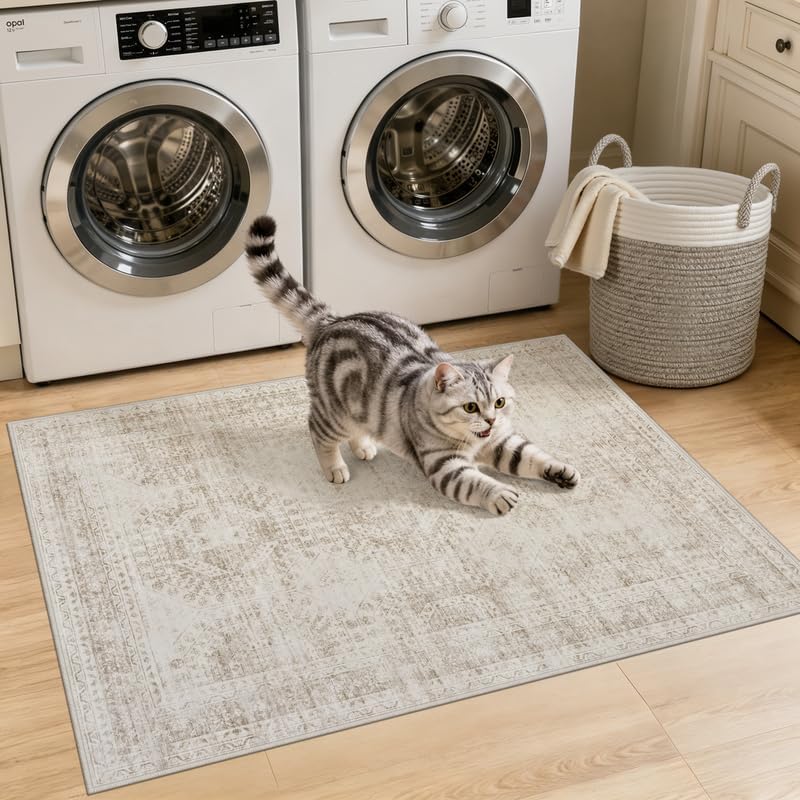 Washable Area Rugs 2x3: Neutral Living Room Bedroom Carpet Brown | Vintage Boho Soft Small Indoor Decor Floor Non-Slip Low Pile Neutral Farmhouse Entryway Laundry Bathroom Bedroom Beside Rugs thumbnail