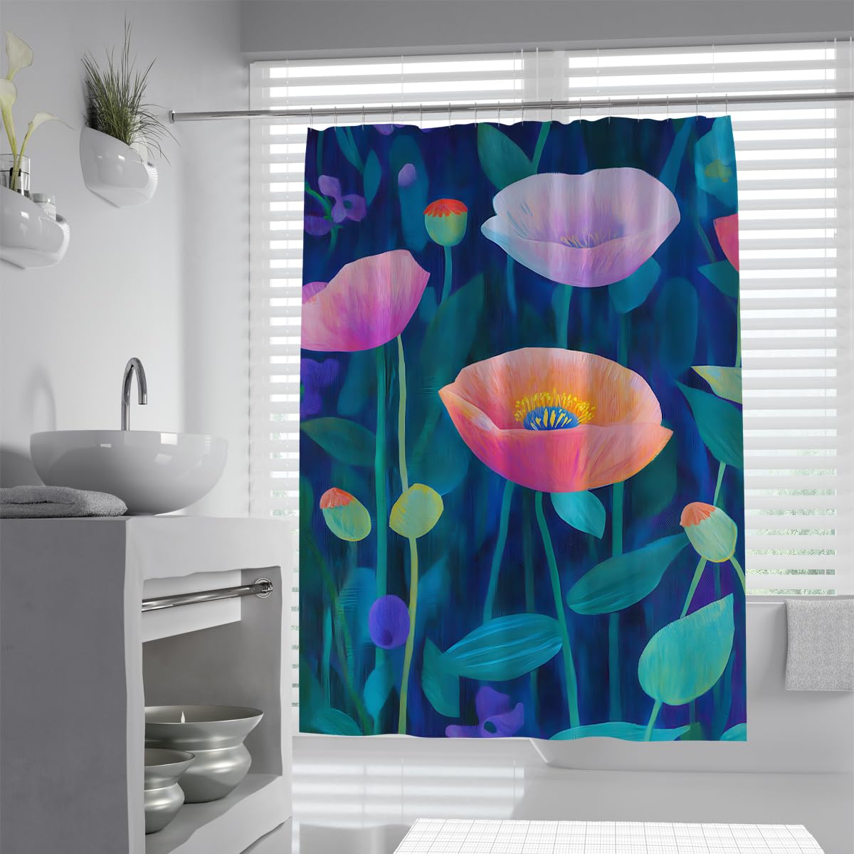 UIRINGART Luxury Botanical Garden Shower Curtain W180xL220cm Pink Orange Poppy Navy Blue Background Mildew Resistant Waterproof Bath Curtains With Hooks