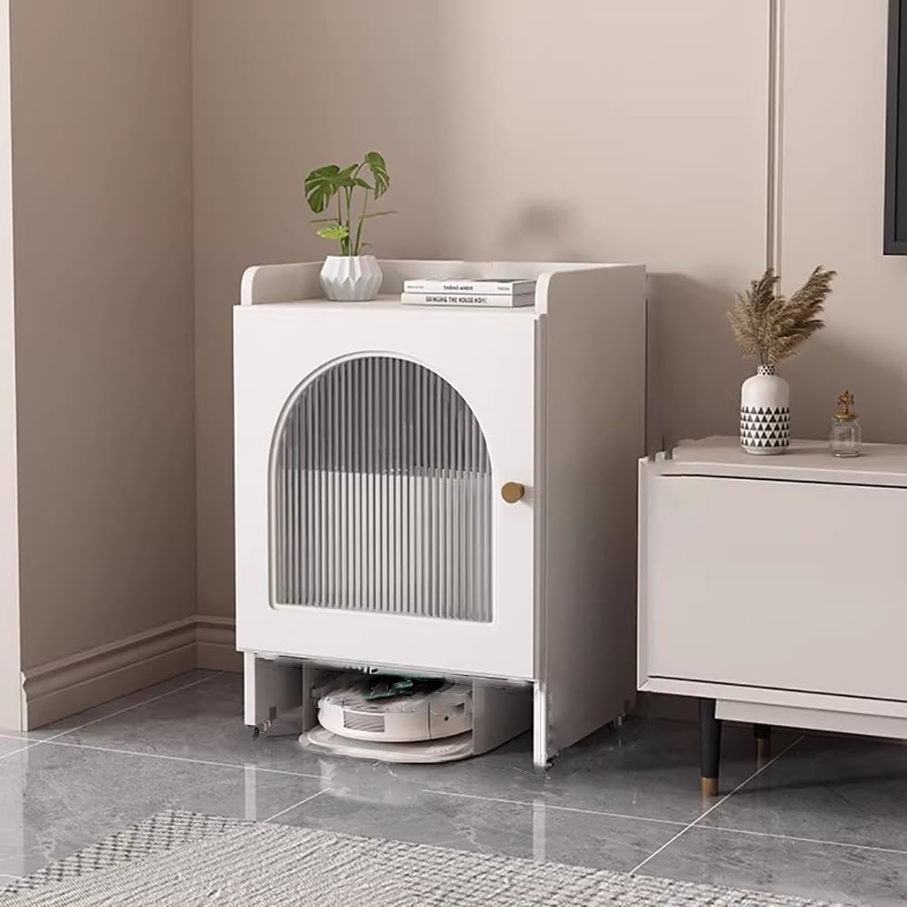 HPTHLY Modern White Robot Vacuum Stand Cabinet Storage For Corner Hidden Charging Station For Entryway Sleek Sweeping Robot Holder Space Saving Design Ideal For Home Nization