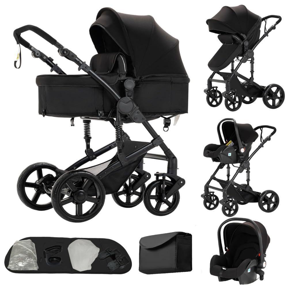 Passeggino 3 in 1 Multifunzione, Chiusura ad un Clic, Nero, Borsa Mamma per Neonati