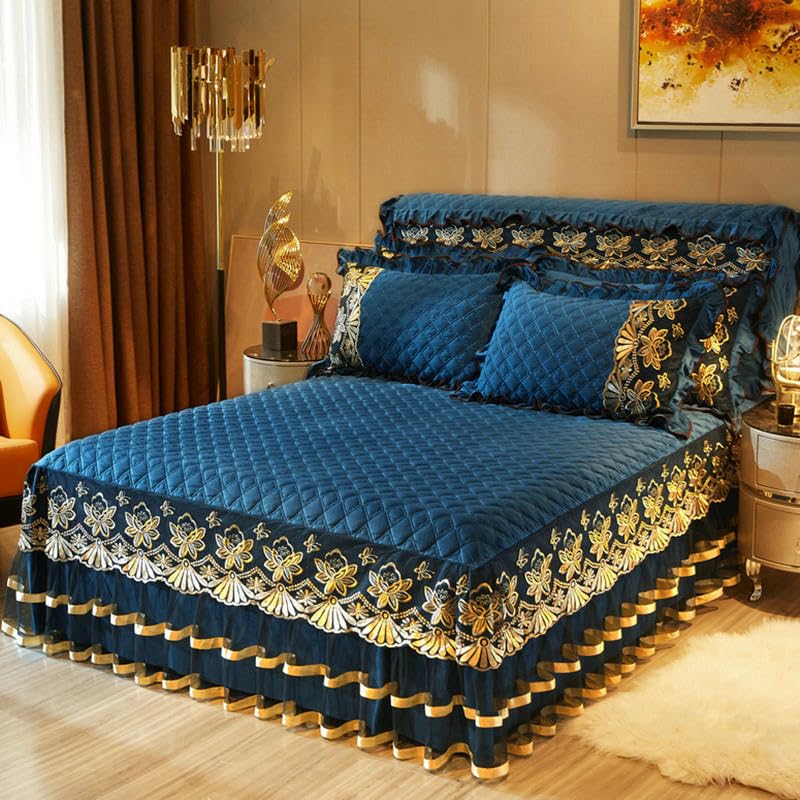 Bed Skirt,Base Valance,Bed Cover, 150-180 * 220CM Gold Embroidery Velvet Fitted Bed Skirts & Valances Mattress Cover Cotton Ruffle Pleated Bed Cover Double Bed Ruffle Skirt ( Color : Blue , Size : 180