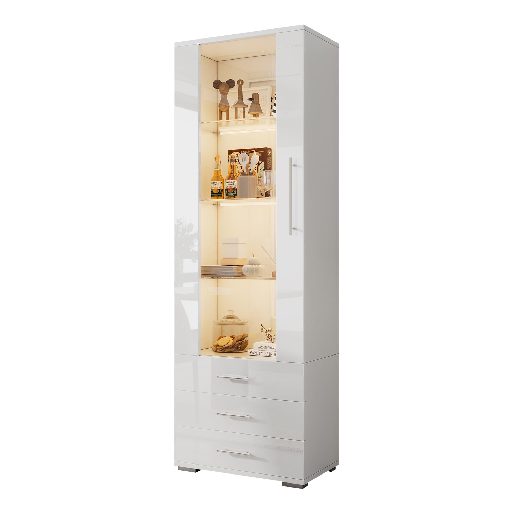 Lexiou Vetrina in vetro lucido, vetrina con illuminazione a LED, vetrina verticale con 3 cassetti, 60 x 35 x 180 cm (bianco)