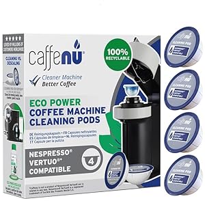 Caffenu Cleaning Pods Compatible with Nespresso Vertuo. 4 Cleaner Capsules. For Improved Coffee Flavor and Crisp Coffee. Use with Descaling Kit