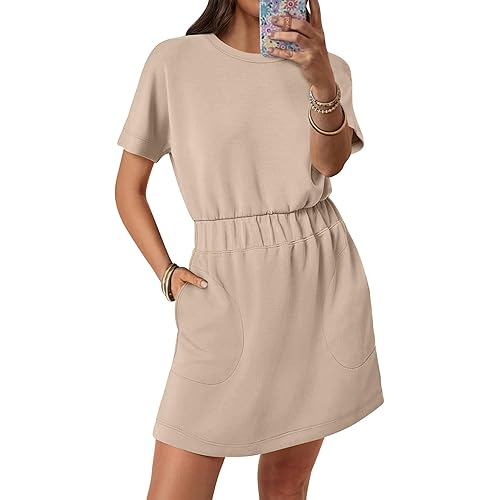 ANRABESS Womens Dresses 2025 Summer Casual Short Sleeve Crew Neck Elastic Waist Mini T Shirt Dress with Pockets
