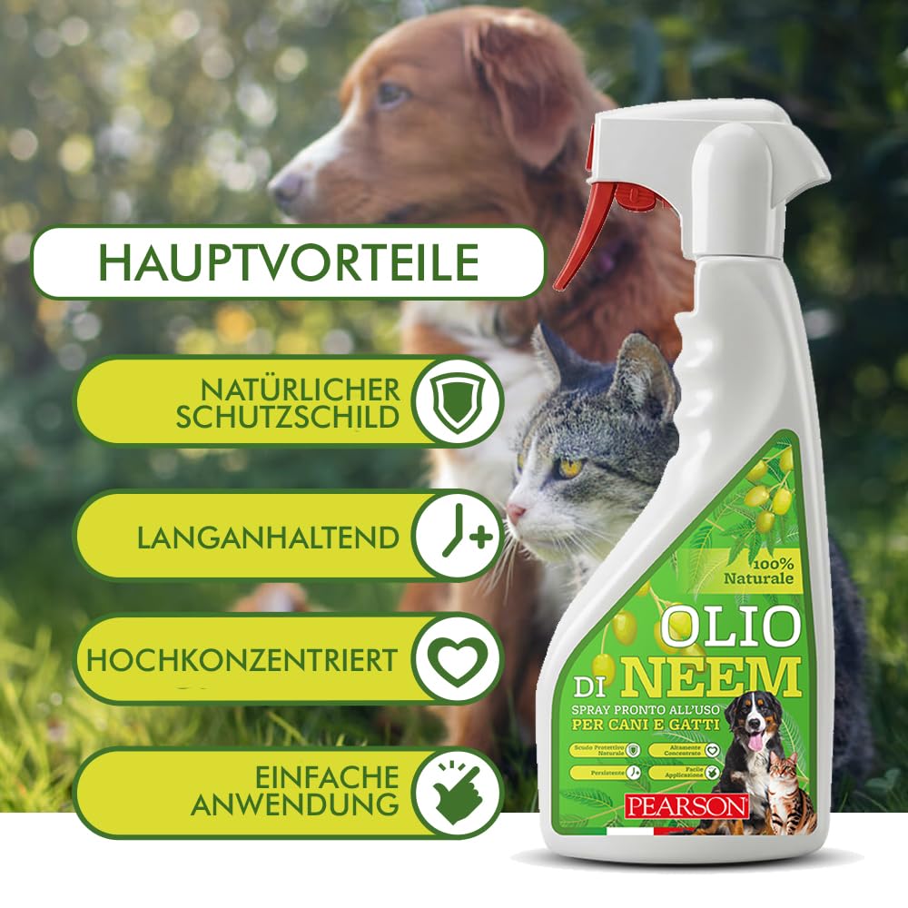 PEARSON Neemöl Spray für Hunde und Katzen 700ML, Natürlicher Schutzschild, Für Zecken, Flöhe und Mücken Unangenehmer Geruch, Neemöl Spray, Kombinierbar mit Antiparasitika für Hunde und Katzen