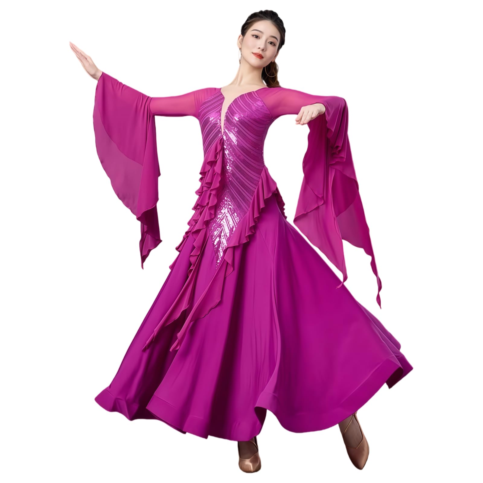 Damen Standard Ballroom Tanzkleid, Elegantes Langarm Tanzkleid Mit V-Ausschnitt, Pailletten Und Fließendem Rock Für Walzer Tango Foxtrott Training Und Turnier