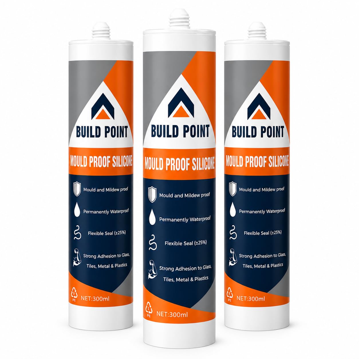 Build Point Mould Proof Silicone Sealant 3 Strong White Waterproof Acetoxy Sanitary Silicone for Bathroom, Kitchen, Exterior, uPVC Windows, Shed, Anti Mould Shower Leak Sealing & Plumbing 300ml