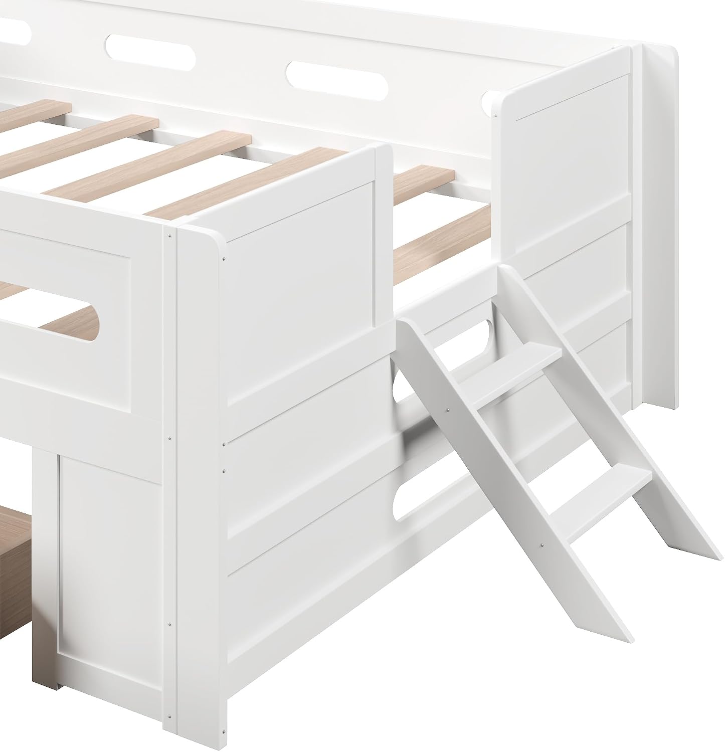 Twin Size Daybed with Storage Drawer and Guardrail, Wood Low Loft Bed with Headboard and Small Ladder for Kids Boys Girls, White
