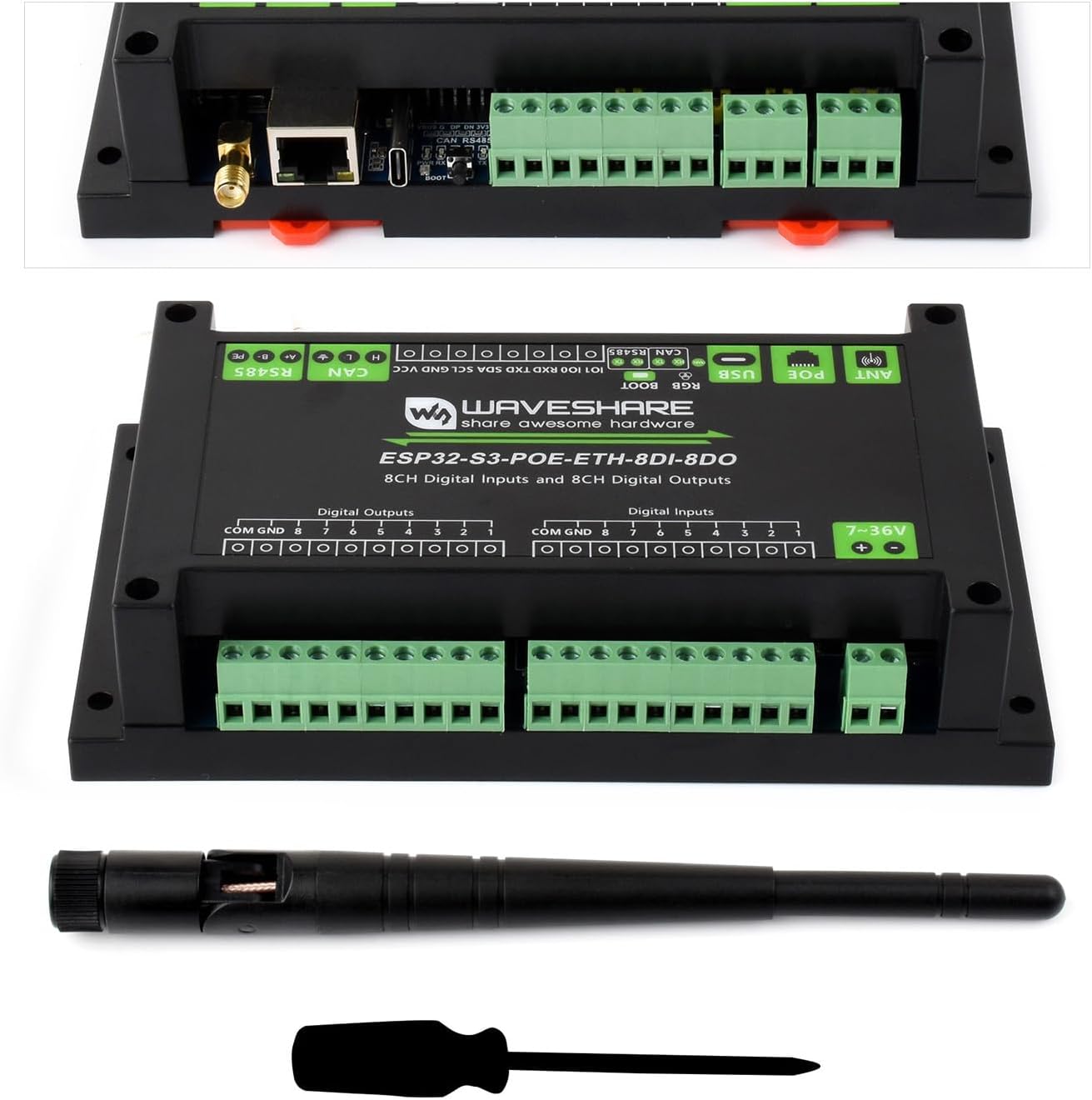 Waveshare Industrial ESP32-S3 Control Board with 8-Channel Digital Input & Output, Built-in Xtensa 32-bit LX7 Dual-core Processor, Up to 240MHz, with Multiple Isolation Protection Circuits