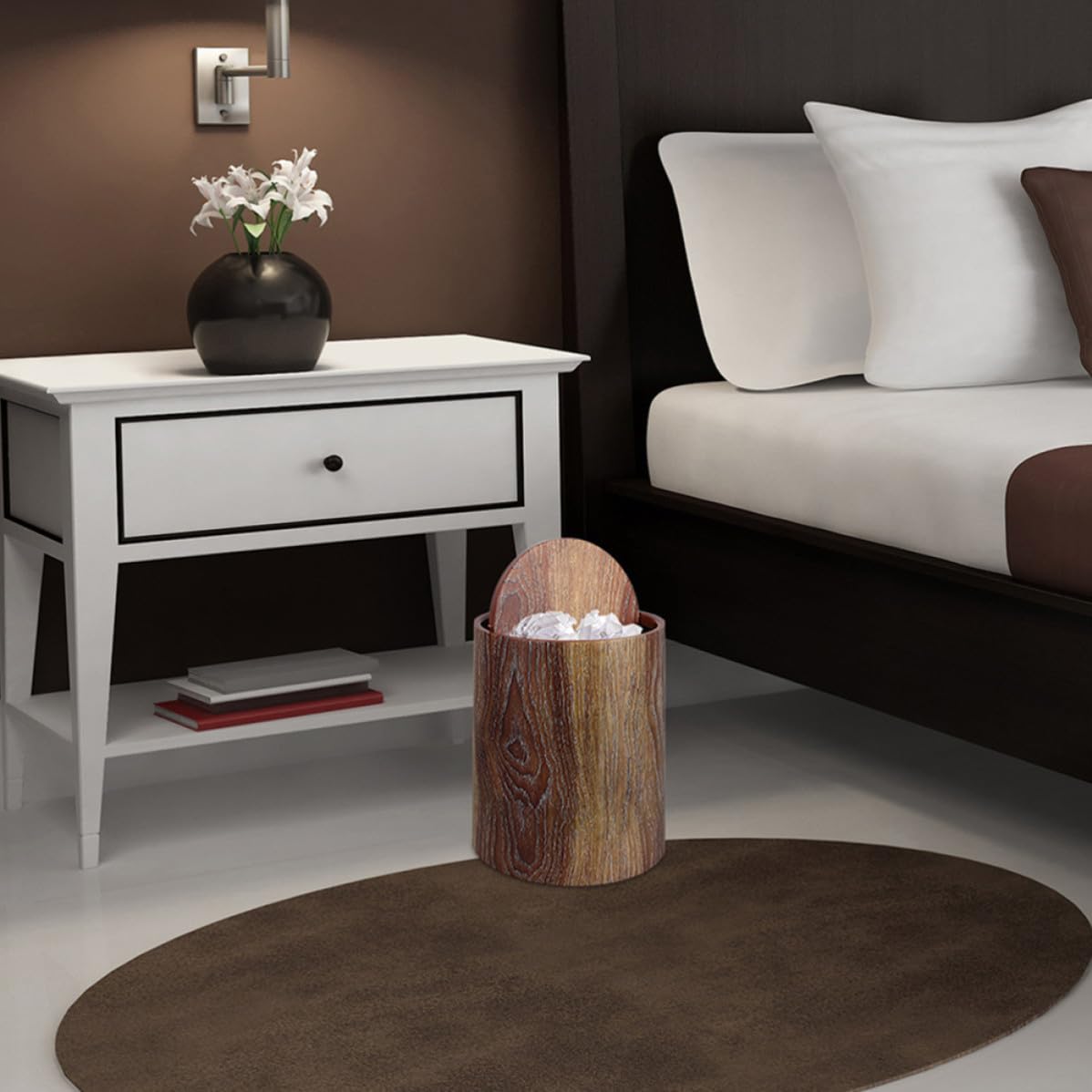 Totority Cubo de Basura de Plástico Diseño Imitación Madera, Capacidad 15l, Forma Redonda, Práctico y Resistente para Cocina o Dormitorios