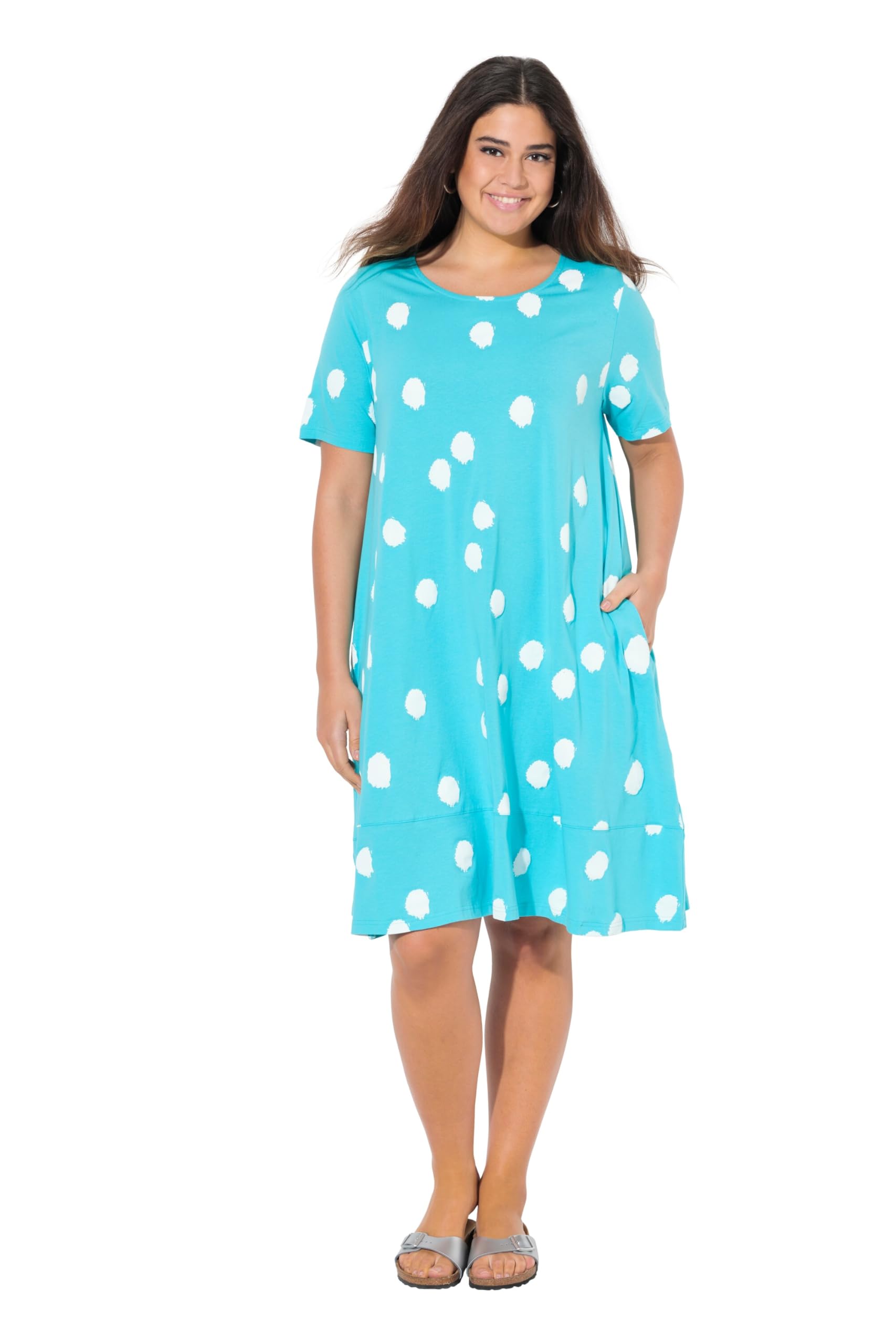 Ulla Popken Women's Polka Dot A-Line Pockets Round Neck Half Sleeve Jersey Midi Dress with Small Flounce Hem Polka Dot Print