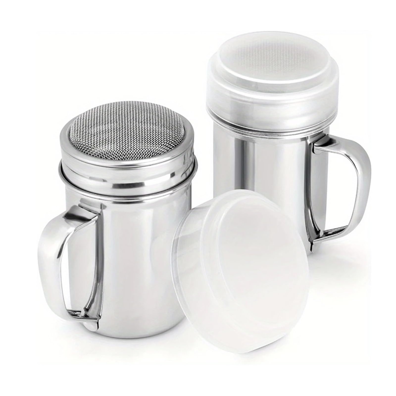 Pulverstreuer 2 Stück Edelstahl-Puderzuckerstreuer mit Griff, Streuer, Pulverdosen Deckel, Gewürz-, Salz- und Pfefferstreuer-Set(2pcs large)