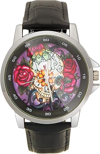 Diseño especial hermoso cráneo de azúcar floral personalizado unisex correa de cuero de acero inoxidable reloj caja de metal, vidrio templado, banda