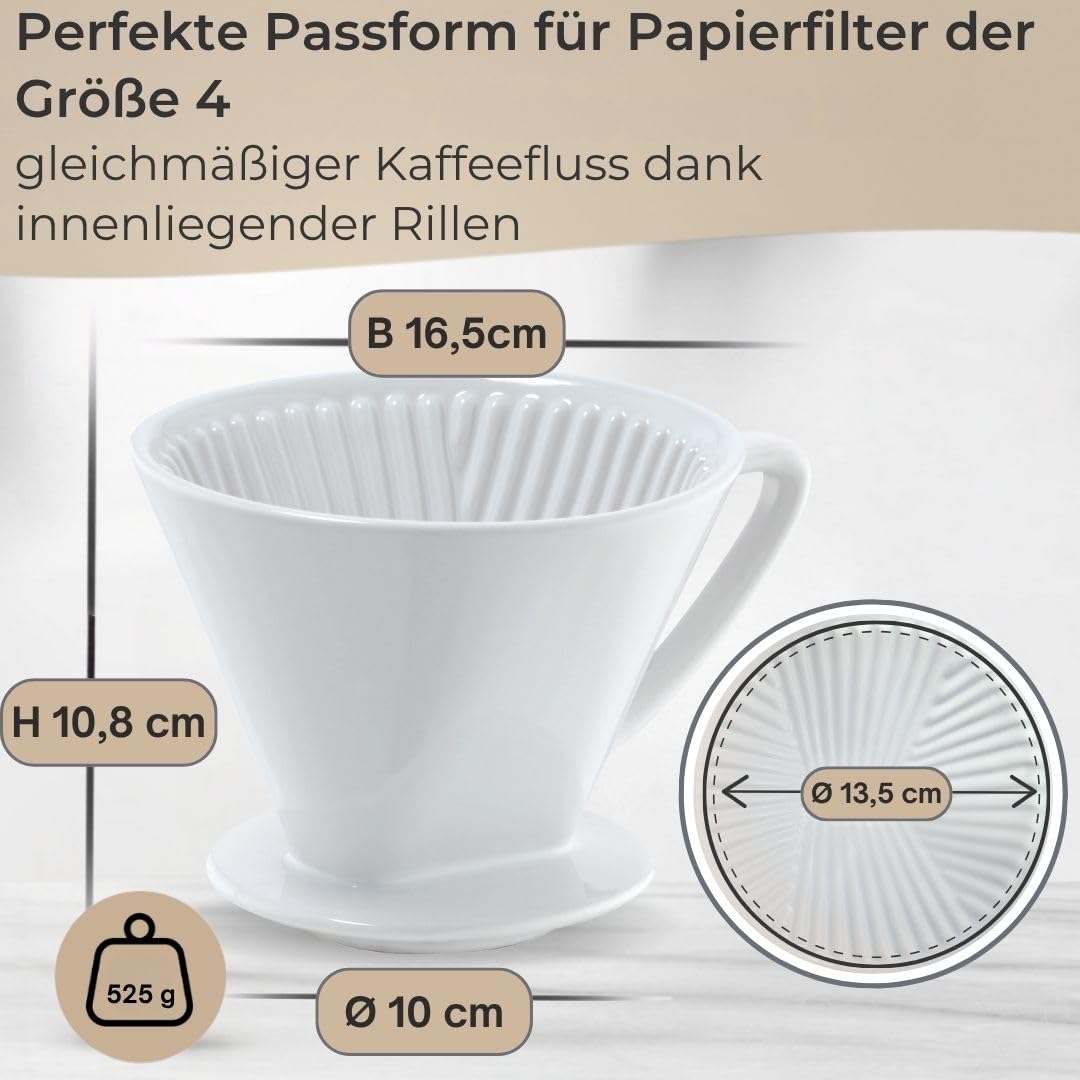 Porzellan Kaffeefilterhalter Größe 4 – hochwertig - Handfilter in Weiß, Kaffeekanne, Dauer Pour Over für 1–4 Tassen, für aromatischen Filterkaffee, passend für Melitta Kaffeefilter Gr. 4