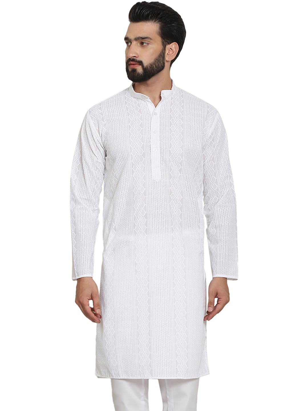 Sojanya (Since 1958 Men's Cotton Thread Embroidered White Long Kurta