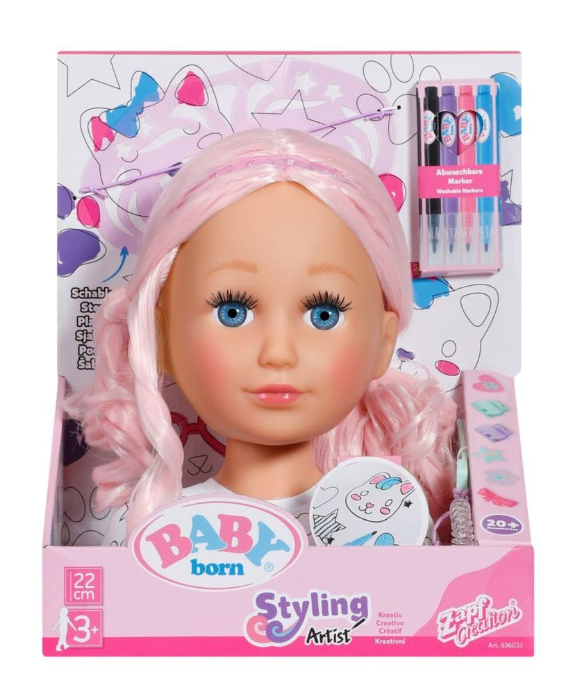 Tête à Coiffer BABY Born – Cheveux Roses, 20 Accessoires, 4 Feutres, Pochoir, Peigne, Pinces