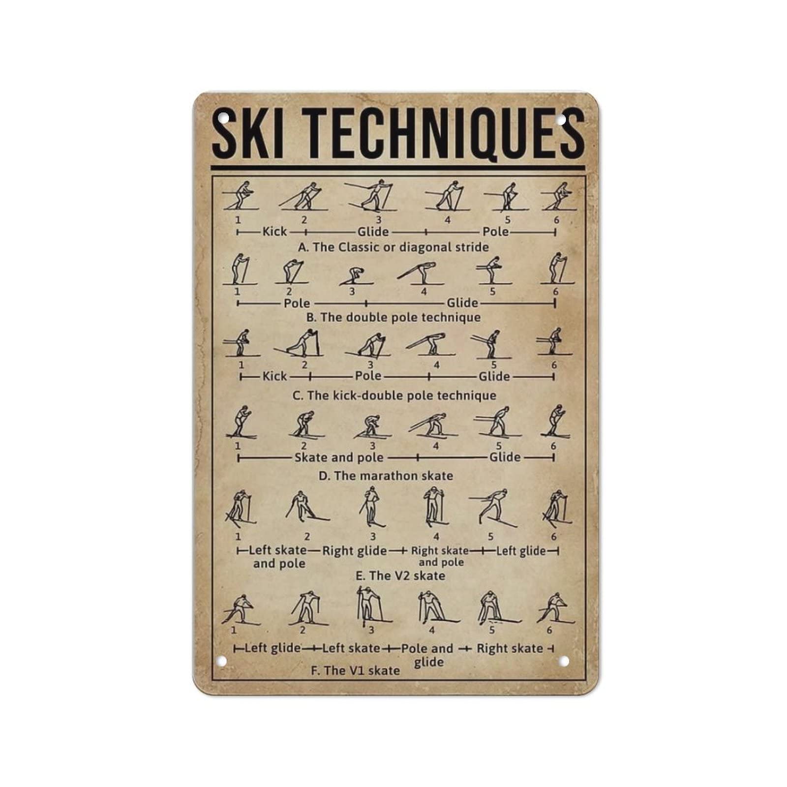 AOOEDM Ski Techniques Wall Metal Tin Sign for Home Bar Pub Kitchen Wall Art Deocr Man Cave Vintage Metal Sign Poster Plaque Signs Quotes Sign