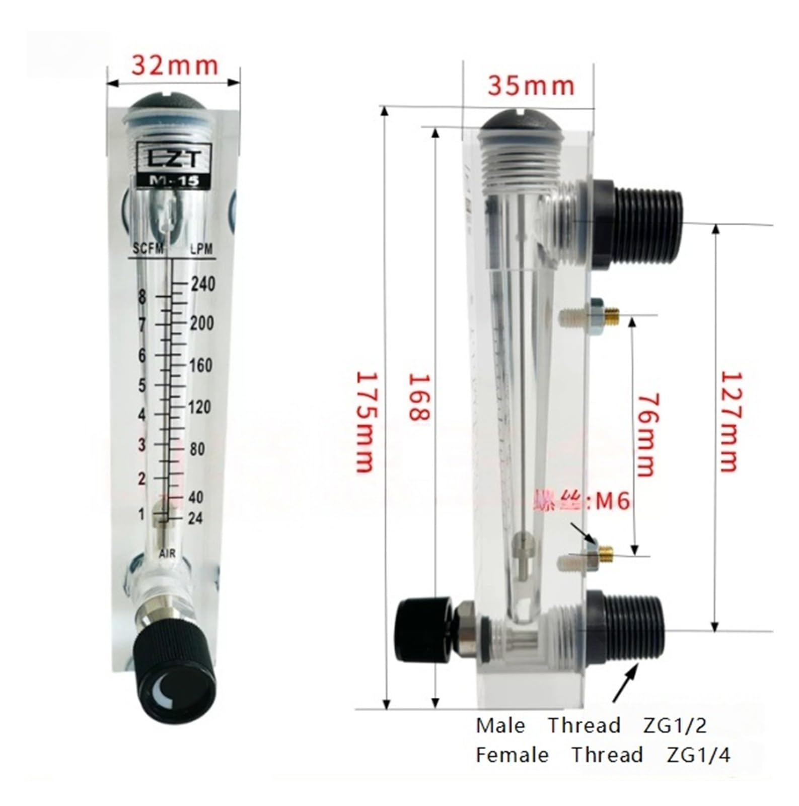 Medidor de flujo de aire montado en panel LZT-15T con línea dual ajustable de 24-240 LPM 1-8 SCFM