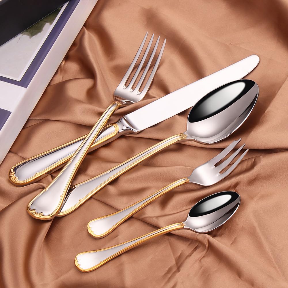 Oro Cerchiato Manico Dorato Cucina Acciaio Inox Argenteria Stoviglie Posate Set Bistecca Coltello Forchetta Cucchiaio Cucchiaino (12 pezzi)