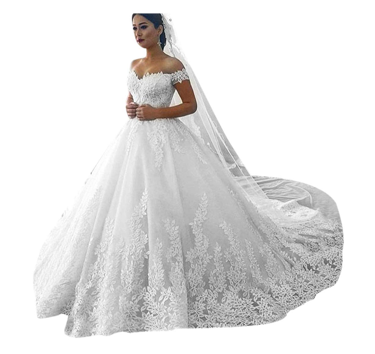 【服装】ASG Gorgeous Off Shoulder Lace Wedding Dresses for Bride 2022 礼服Ball Gown Plus Size Court Train Formal Bridal Gowns