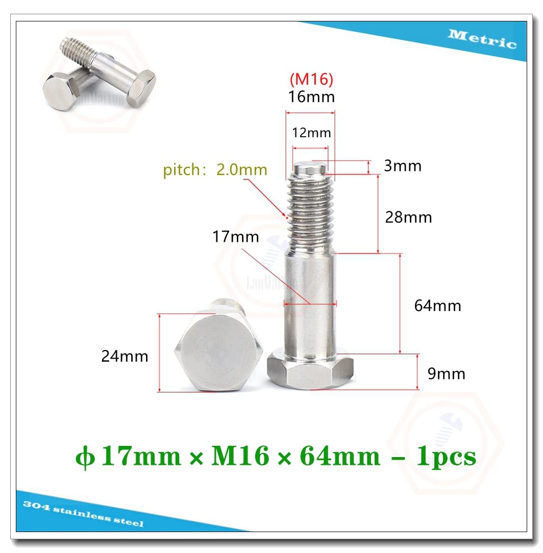 ?17mm×M16×64mm-1pcs 304 Stainless Steel Outer Hexagon Shoulder Bolts,Reamed Hole,17mm Shoulder Diameter, 64mm Shoulder Length, Thread Size M16-2.0mm