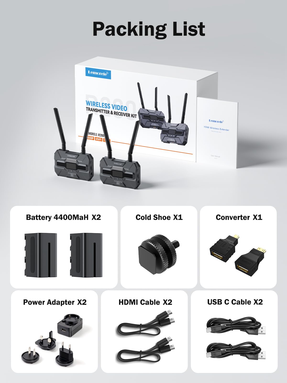 Lemorele Trasmettitore e Ricevitore Wireless HDMI 2 batterie da 4400mAh video Full HD 200M con HDMI Loopout 1TX a 4RX per live streaming, riprese e fotografia