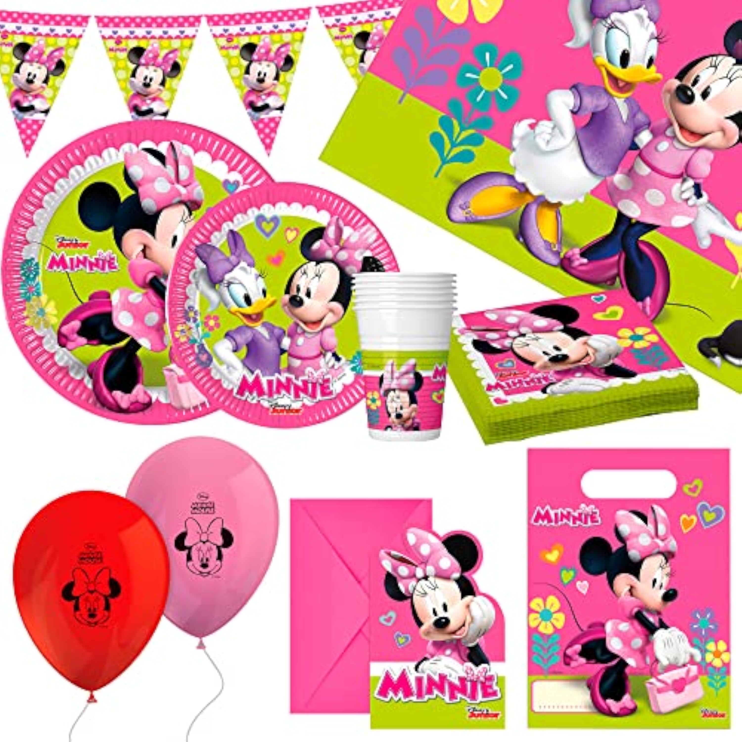 Disney - Set de fiesta Minnie Mouse, Decoración cumpleaños Minnie Mouse, Kit fiesta de cumpleaños, Vajilla infantil desechable, (globos, platos, banderines, vasos, servilletas), 8 comensales, (71994)