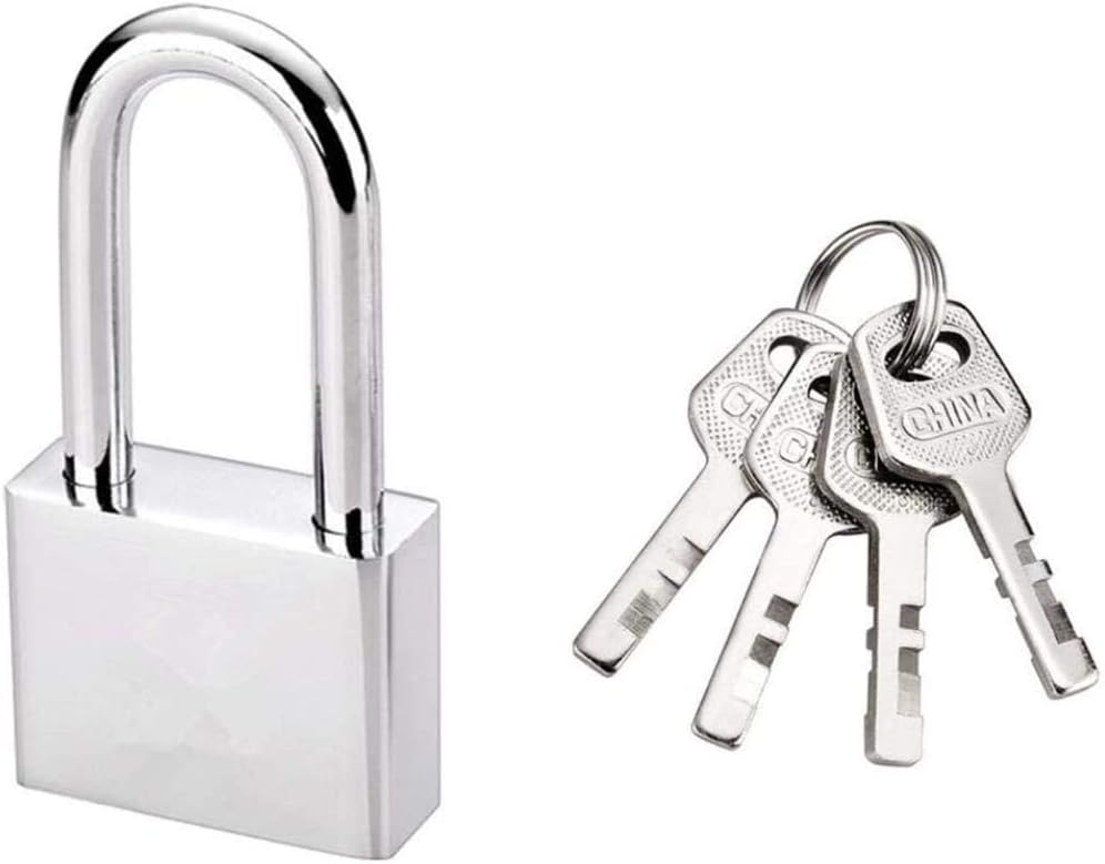 Padlock, Magnum Solid Steel Lock, 40mm Wide Silver Tone Metal Long Shackle Security Padlock w 4 Keys