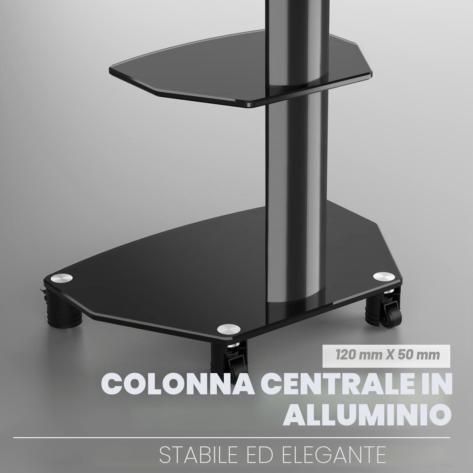 RFIVER Carrello Porta TV con Ruote per TV LCD LED OLED Plasma Piatto Curvo 27-70 Pollici, Supporto TV da Pavimento Mobile Sopportare 50kgs / Ruota di 45°/ Vetro Temperato