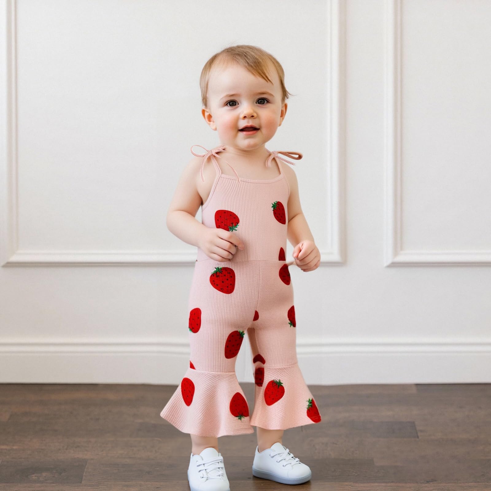 Toddler Girl Floral Flare Jumpsuit Baby Bell Bottom Romper Sleeveless Backless Overalls Summer Outfit(Strawberry,12-18 Months)