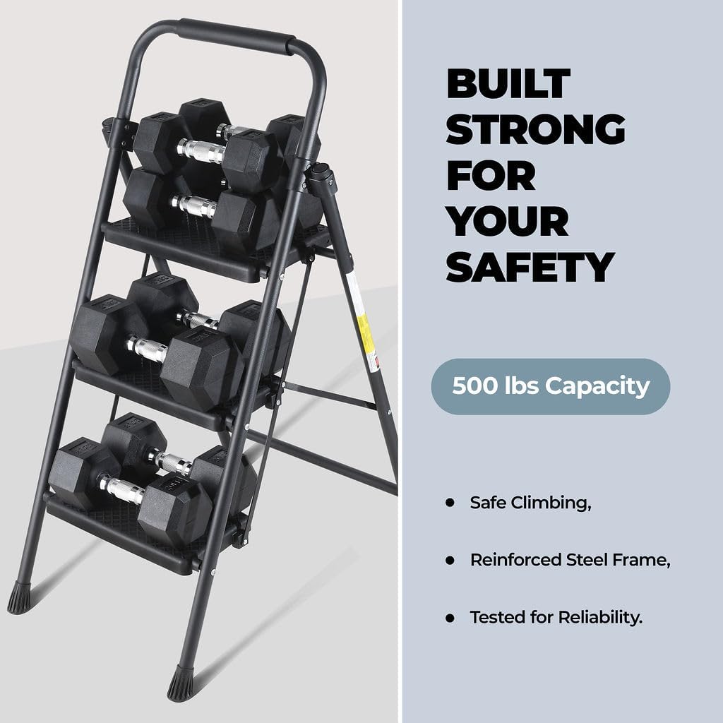 Step Ladder 3 Step Folding Step Stool Step Ladder with Wide Anti-Slip Pedal Step Stool Foldable for Adults Lightweight, Portable Steel Use for Home and Office