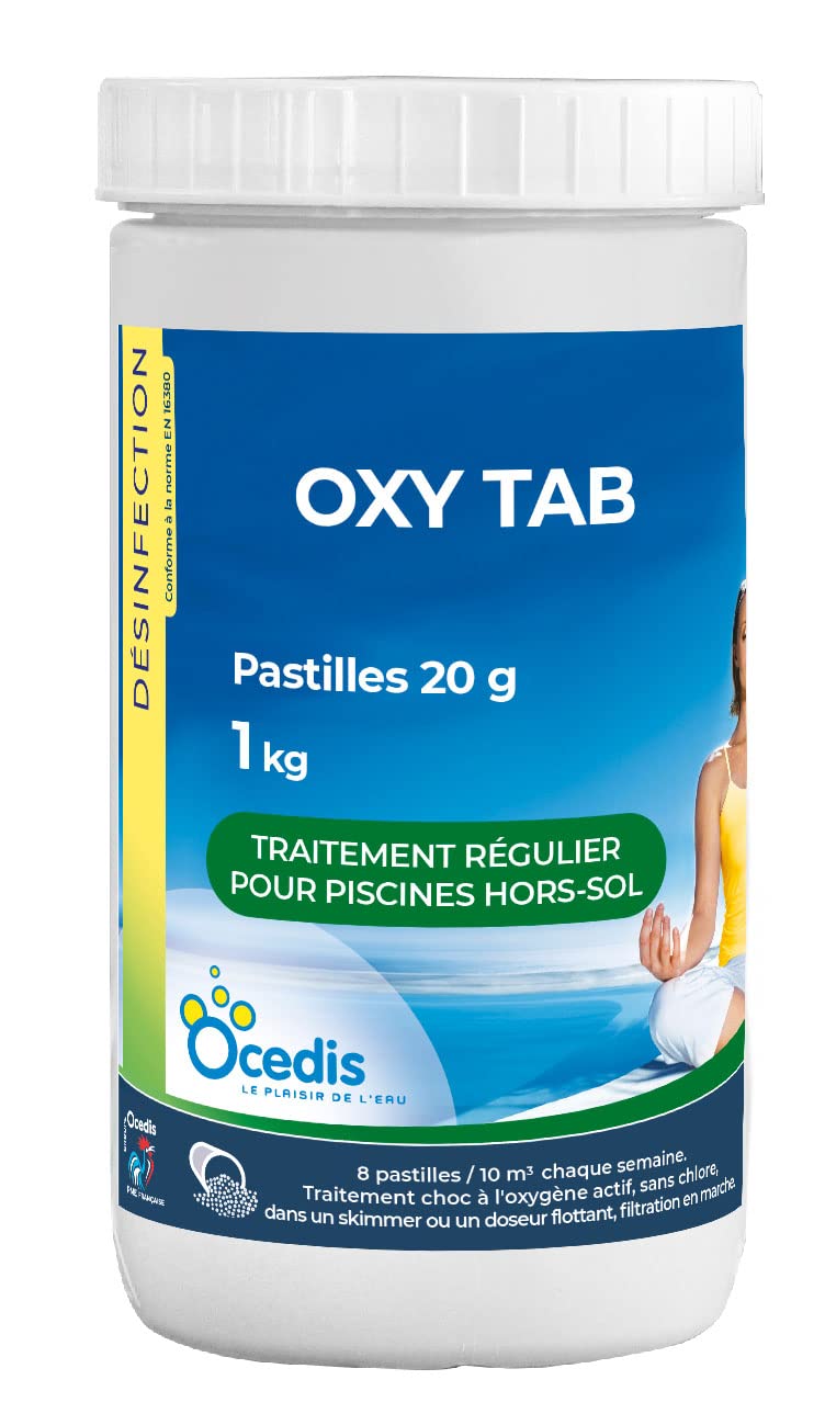 OCEDIS OXY Tab 20 Pastilles 20g - 1kg | Désinfection Régulière et/ou Choc sans Chlore - Oxygène Actif Choc - Activateur de Brome - Dissolution Rapide + 10 Tests HPS OFFERTS 6 en 1